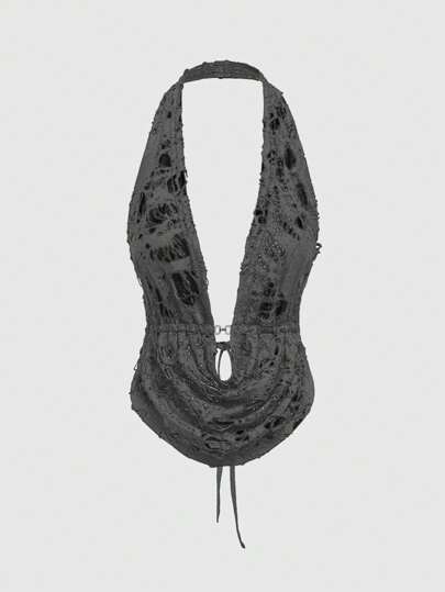 Fairycore Top sin mangas de mujer con cuello drapeado, textura de tela, estilo retro Y2K subcultura sexy