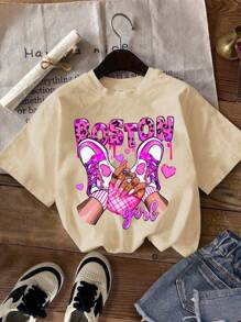 SHEIN Tween Girls Casual Cartoon Print Multiple Pieces T-Shirts, Suitable For Summer