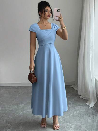 Modelyn 女士纯色方领插肩袖交叉胸围优雅连衣裙