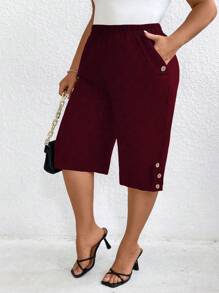Linhara Plus Size Women Solid Color Elastic Waist Pockets Casual Capri Pants