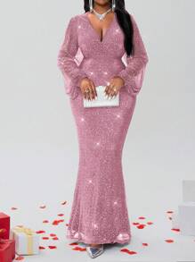 Fleurora 大码女士优雅紫色通勤连衣裙，秋季长款正式晚礼服秋季女装秋季连衣裙外出服舞会礼服演唱会女装新年连衣裙大码连衣裙派对长裙婚礼宾客连衣裙女士长袖连衣裙，情人节 - 粉色 - 查看 4