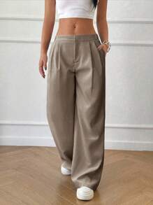 SHEIN LUNE Women's Ultra Low Rise Slimming Simple Style Trousers - Camel - View 4