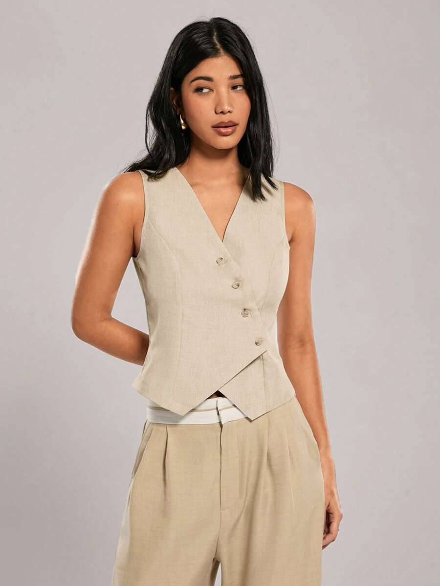 Forever 21 Women's Solid Color Front Button Closure Sleeveless Slim Fit Casual Tank Top - Apricot - View 1