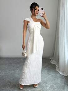 Rafferiza Đầm suông thanh lịch, rộng rãi, thắt nơ phía trước bất đối xứng - trắng - Xem 5