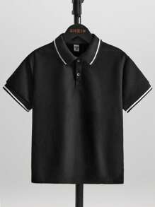 SHEIN 男童撞色滚边 Polo 衫，短袖休闲轻薄夏季款 - 黑色 - 查看 1