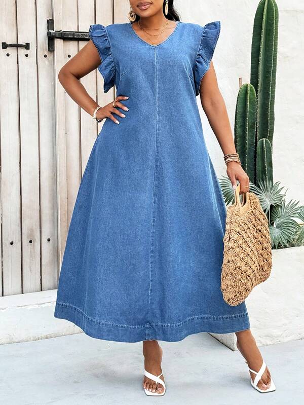 SHEIN Lady Plus Size V-Neck Loose Long Denim Dress, Casual Vacation Wear, Blue Summer,Vacation Outfits Woman,Easter,Spring,Western,Office Outfits For Women,Rave Outfits,Baby Shower Dress,Cottagecore,Country Outfits Women,Old Money Style Women,Going Out Outfits, ,Festival Outfits,Rodeo Outfit,Airport Outfit For Women,Kpop,Tropical Vacation Woman Clothes,Nashville Outfits,European Summer,Concert,Cowgirl Outfit,Graduation Outfit Beach Outfits For Woman,Vacation Outfits Women,Beach,Boho Women Clothing,Cruise Attire Women,Old Money Style Women,Ibiza Outfits,Boho Chic,Dresses For Women Elegant Birthday Dresses For Women Graduation Dress Beach Dress Sundress Vacation Dress Boho Dress Women Western Dresses For Women Tea Party Dress Tropical Dress Peplum Top