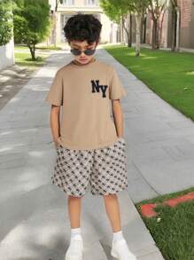 SHEIN Tween Boys Letter Print Casual T-Shirt & Shorts Set, Suitable For Summer - Khaki - View 8