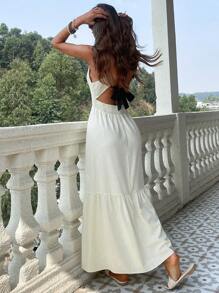 SHEIN VCAY Women's Summer Boho Solid Color Linen  Woven Backless  Open Back Rustic Dress Dress , Suitable For Spring/Summer Holiday  Summer Dresses Beachwear Summer Dresses For Women Summer Dress Beach Outfits For Woman Summer Dress Rave Outfits Festival Vacation Outfits Woman - Beige - View 3