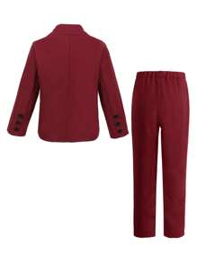 SHEIN Conjunto de 2 piezas para niños pequeños: 1 pieza blazer de ajuste holgado de unicolor con bolsillo y botones de contraste, 1 pieza pantalón de ajuste relajado de cintura elástica de unicolor. Este conjunto de traje de manga larga de unicolor en estilo empresarial muestra un diseño elegante, minimalista y generoso, adecuado para fiestas de cumpleaños, eventos nocturnos, bodas, bautizos, vuelta al colegio y festivales.