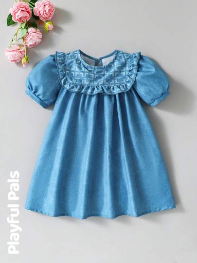 SHEIN Young Girl Geometric Print Frill Trim Puff Sleeve Denim Dress