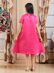 Tween Girls Casual Short Sleeve Minimalist Daily Wear Dress - Hot Pink - View 2