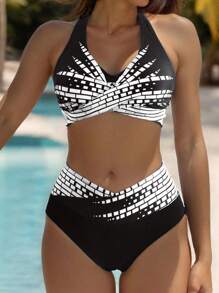 Swim Lushoire Women's Summer Beach Geometric Print Bikini Set With Crossed Straps & Halter Neckline