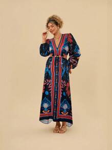 Travachic Plus Size Floral Print Waist Cutout Lantern Sleeve Dress, Suitable For Vacation - Multicolor - View 6