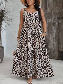 SHEIN VCAY Plus Size Women Leopard Print Ruffled Hem Casual Strap Pocket Dress Women Clothing Summer Dresses Vacation Women Maxi Dresses Long Summer Dress Women