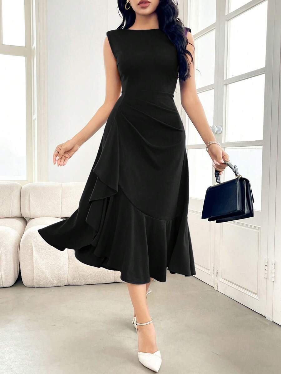 Modelyn Women's Solid Color Round Neck Ruffle Patchwork Midi Elegant Dress - Black - View 1