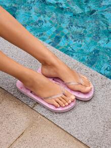 Grefit Women's Fashionable Light Pink Seashell & Blue Transparent Glitter Strap Print Flat Sandals, Suitable For Beach Vacation And Home Wear Beach Outfit - Pink - View 2