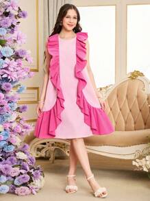 Teen Girl Sleeveless Round Neck Simple Stylish Summer Dress - Hot Pink - View 7