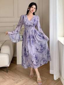 DAZY V-Neck Floral Print Midi Ruffled Hem Dress For Women Elegant,Fall Dress Long Sleeve Dress Easter - Purple - View 10