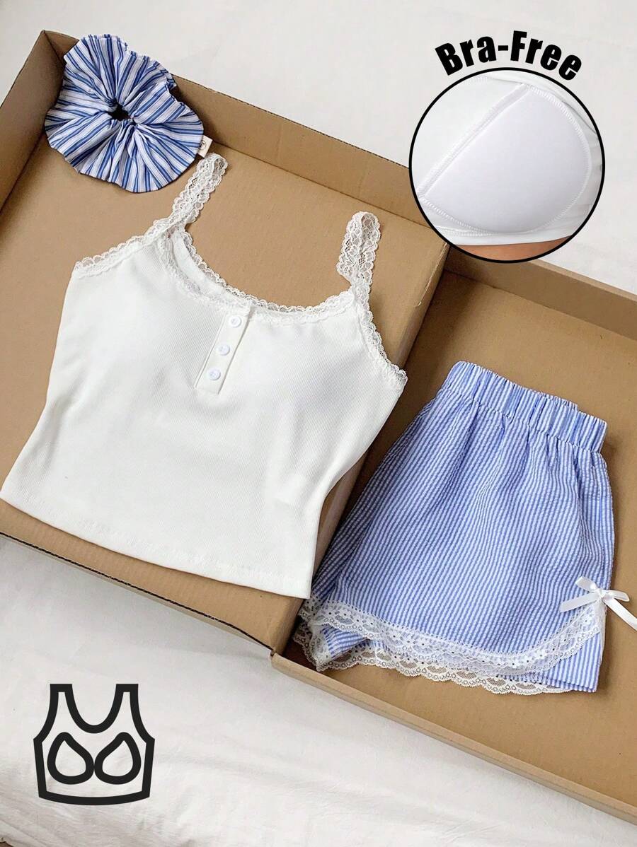 SHEIN Comfortcana 2pcs Women Summer Solid Color Lace Trim Cami & Striped Shorts Set - Blue - View 1