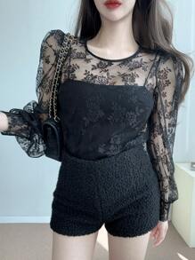 DAZY Áo cánh cổ tròn tay dài lưới rộng rãi cho nữ mùa hè - màu đen - Xem 3