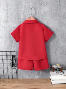 SHEIN 男童纯色 Polo 领衬衫搭配短裤套装，夏季 - 紅色 - 查看 5