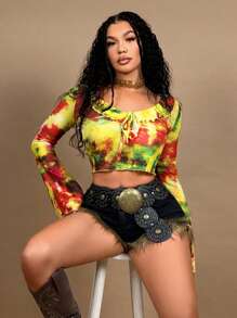 SHEIN SXY Woman Yellow Tie-Dye Printed Patchwork Bell Sleeve Cropped Blouse,Boho Autumn Summer Tops,Western Wear Club Music Festival Rave Gyaru - Multicolor - View 1