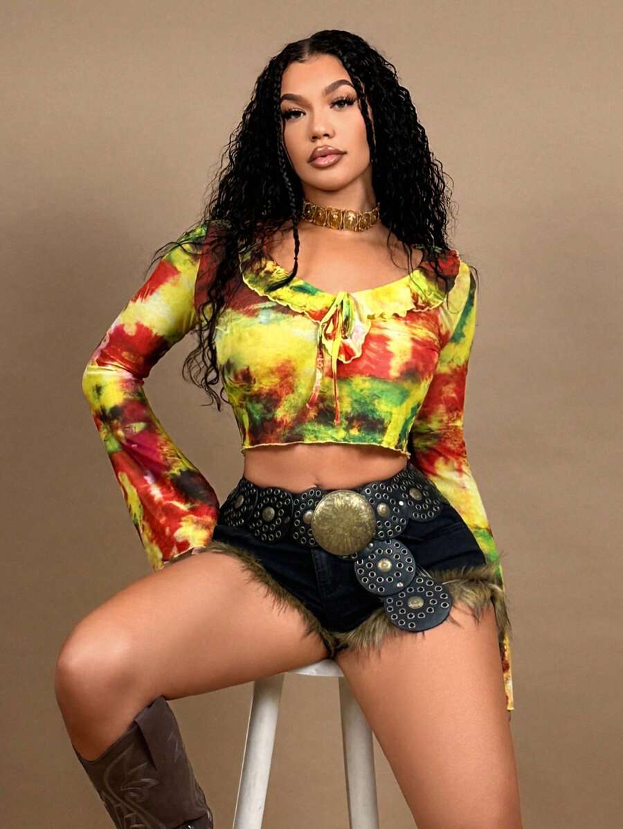 SHEIN SXY Woman Yellow Tie-Dye Printed Patchwork Bell Sleeve Cropped Blouse,Boho Autumn Summer Tops,Western Wear Club Music Festival Rave Gyaru - Multicolor - View 1