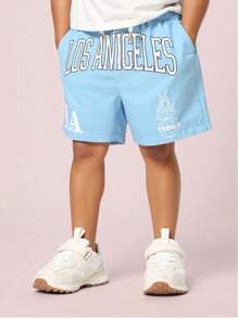 SHEIN Young Boy Casual Letter Print Sports Shorts, Fashionable Pattern, Comfortable Soft Fabric, Suitable For School, Outdoor And Indoor Wear, Summer