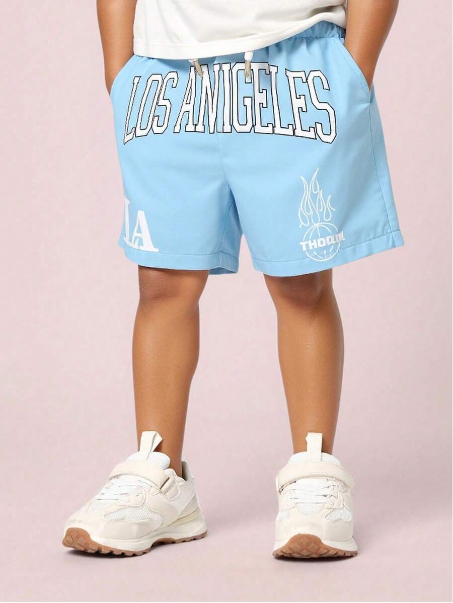 SHEIN Young Boy Casual Letter Print Sports Shorts, Fashionable Pattern, Comfortable Soft Fabric, Suitable For School, Outdoor And Indoor Wear, Summer