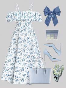 SHEIN Unity Elegant Ditsy Floral Pale Blue Maxi Adjustable Cold Shoulder Loose Backless Bodycon Plus Size Dress For Summer - Multicolor - View 1