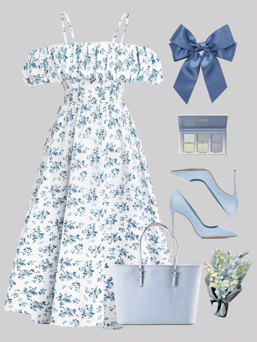 SHEIN Unity Elegant Ditsy Floral Pale Blue Maxi Adjustable Cold Shoulder Loose Backless Bodycon Plus Size Dress For Summer - Multicolor - View 1