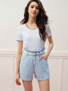 MOTF PREMIUM PAPERBAG WAIST DENIM SHORTS - Baby Blue - View 4