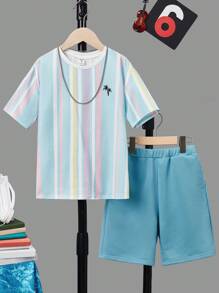 SHEIN Tween Boy Striped & Tropical Print Tee & Shorts Without Necklace