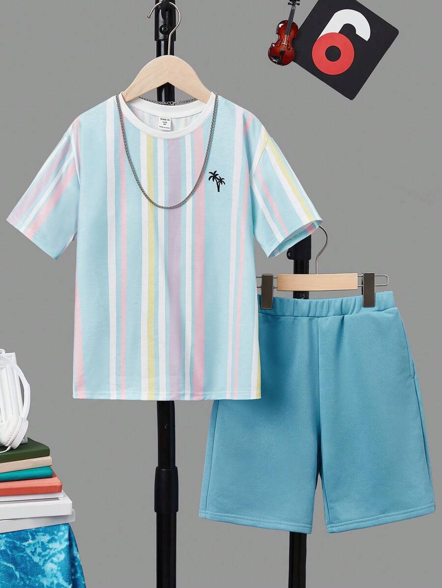 SHEIN Tween Boy Striped & Tropical Print Tee & Shorts Without Necklace