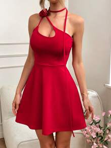 SHEIN VCAY Solid Color Knit Halter Three-Dimensional Flower Decoration Backless Elegant Mini Dress For Women - Red - View 3