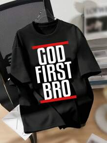 SHEIN Leap Crew 青少年男孩休闲字母印花短袖 T 恤，适合夏季 - 黑色 - 查看 1