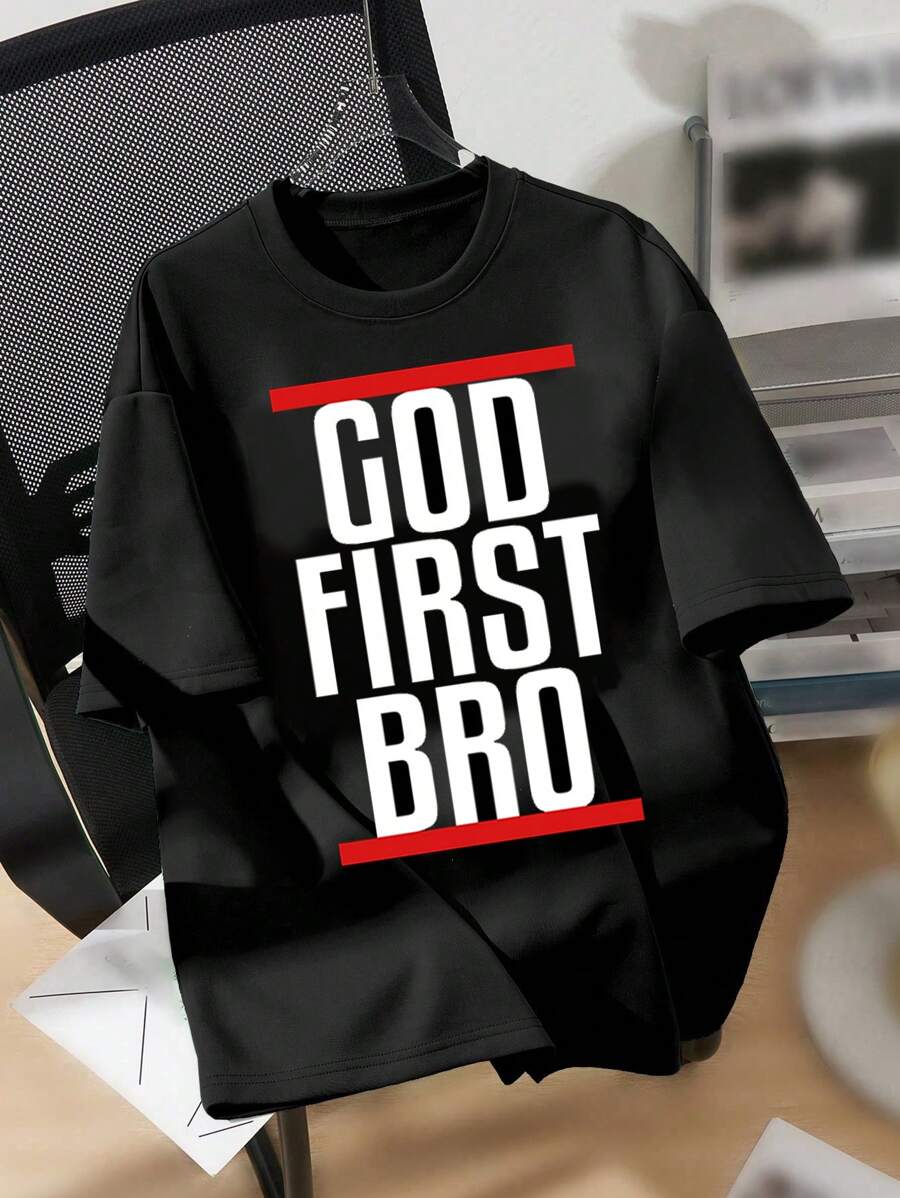 SHEIN Leap Crew 青少年男孩休闲字母印花短袖 T 恤，适合夏季 - 黑色 - 查看 1