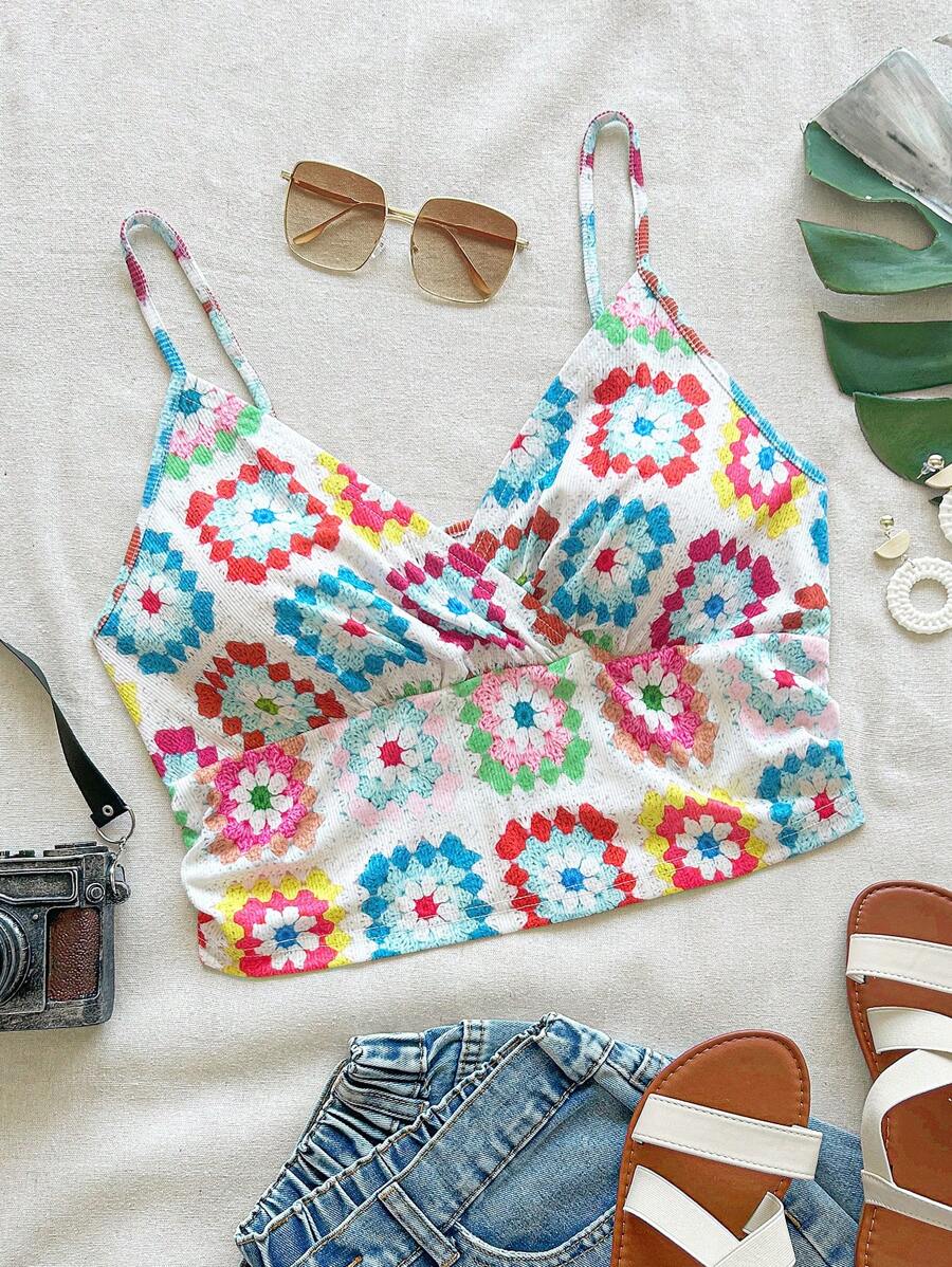 SHEIN VCAY 加大码可爱仿钩针印花吊带背心，适合夏季、热带度假海滩 - 彩色 - 查看 1