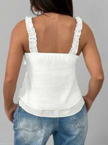 INAWLY Autumn Chic Lace Patchwork Ruffle Hem Slim Fit Cropped Top, Versatile Plus Size Women Camisole Tank - White - View 2