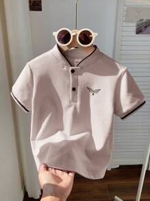 1pc Young Boys Casual Fitted Graphic Knit Short Sleeve Polo Shirt, Suitable For Daily Wear, School, Travel, Sports, Spring/Summer - Khaki - View 4