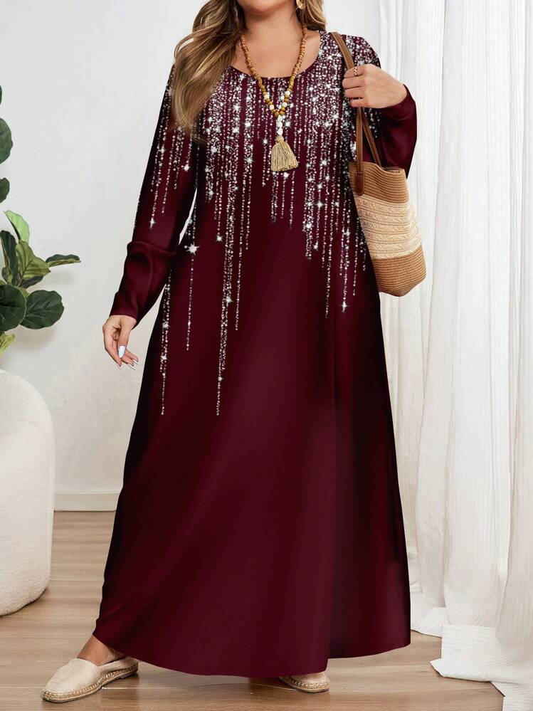 EMERY ROSE Plus Size Long Sleeve Round Neck Glittery Starry Print Loose Dress, Suitable For Spring And Autumn Chic Dress - Multicolor - View 4