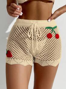 SHEIN Swim Abito copricostume estivo da donna in maglia e con shorts, decorato con ciliegie e con lavorazione traforata