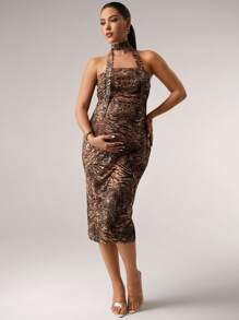 MaterniChic أنيق طقم قطعتين للحمل بطبعة جلد النمر الجذاب للحفلات - كاكي - مشاهدة 3