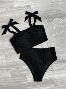 SHEIN Swim 2pcs/Set Solid Color Special Fabric Bandeau & Tie Shoulder Triangle Bottom Minimalist Casual Swimwear Set For Summer Beach Vacation - Black - View 4