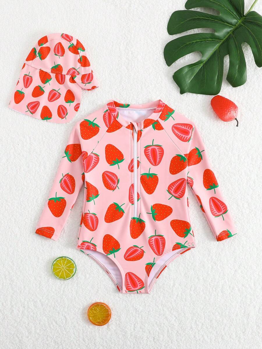 SHEIN Baby Girl One-Piece Swimsuit, Random Print With Cap (Included) - Multicolor - View 1