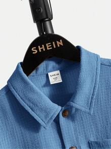 SHEIN Tween Boy Casual And Comfortable Short-Sleeved Shirt With Clean Color And Patch Decoration On Collar - Blue - View 3