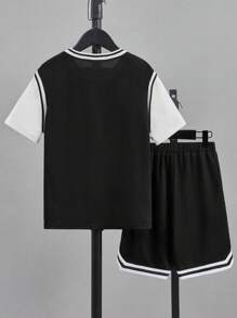 SHEIN Leap Crew 青少年男孩字母圖形拼色條紋修飾2合1短袖t恤和短褲組合 - 黑色 - 查看 2