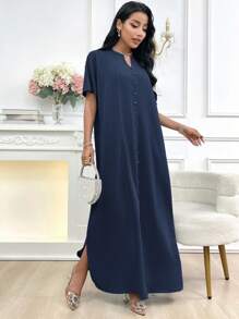 Al Najma Women's Solid Color Short Sleeve Arabic Style Simple Dress, Suitable For Summer - Navy Blue - View 4