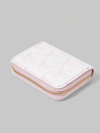 Kawaii Rosa Basis mit durchgehendem rosafarbenem Schleifen-Muster Kompakt-Geldbörse, kreative Multi-Funktions Karten-Etui