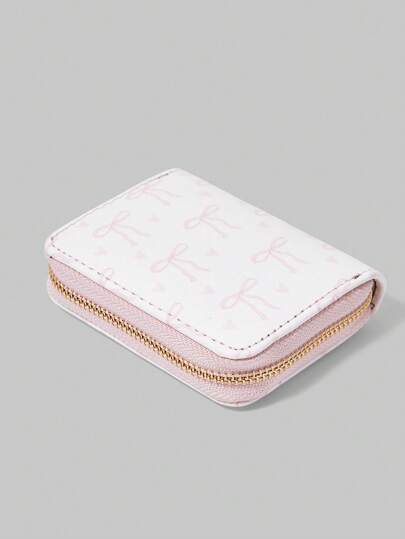 ROMWE Kawaii Pink Base With All-Over Pink Bow Print Compact Wallet, Creative Multi-Function Card Holder